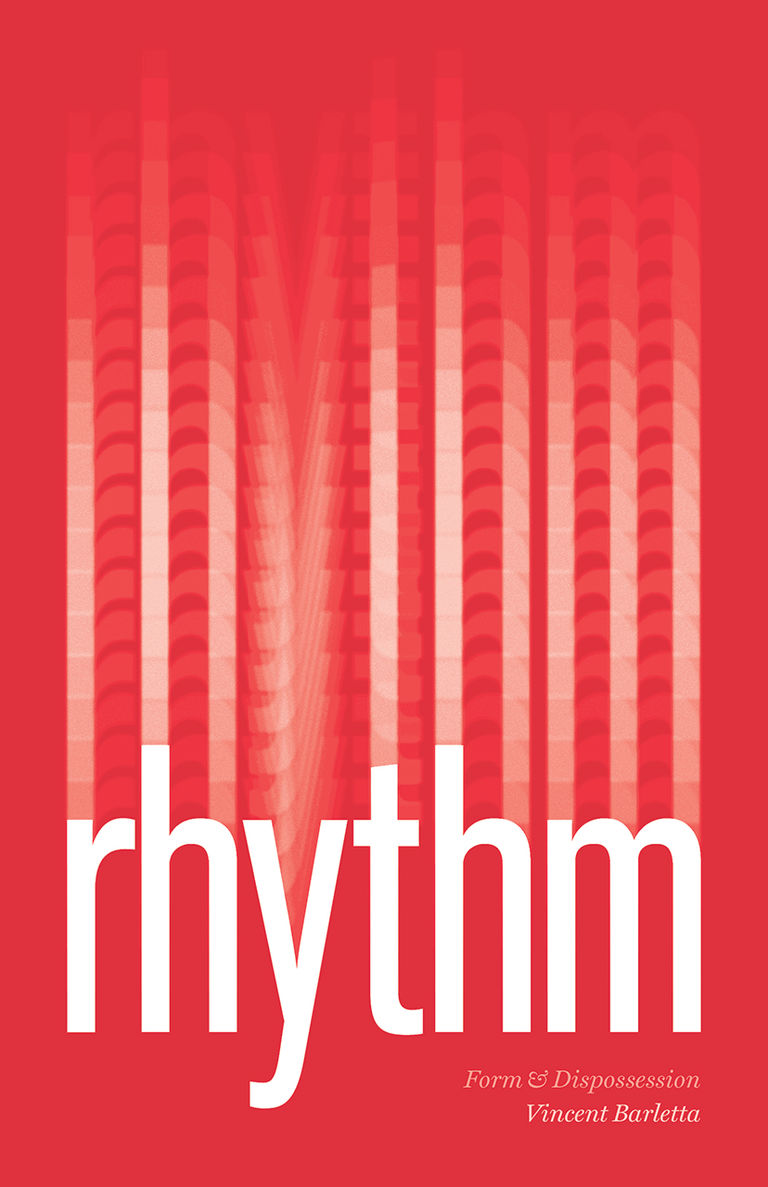 white lowercase text "rhythm" appears to fall to the bottom of the red background with accompanying motion lines that connect to the top of the image
