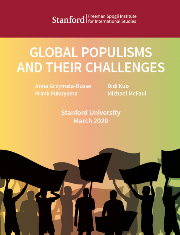 Cover of Global Populisms and Their Challenges with silhouettes of protestors along the bottom